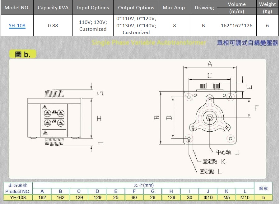 Variable Voltage Transformer (Variac Slidac) , Single Phase 110/220V input, 0.88 KVA Max 8A, YH-108
