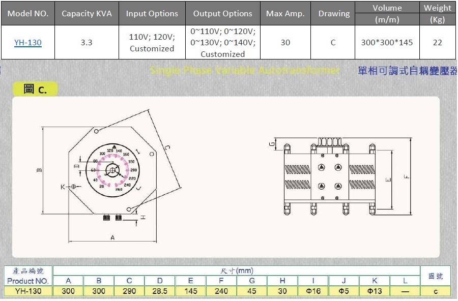 Variable Voltage Transformer (Variac Slidac) , Single Phase 110/220V input, 3.3 KVA Max 30A, YH-130