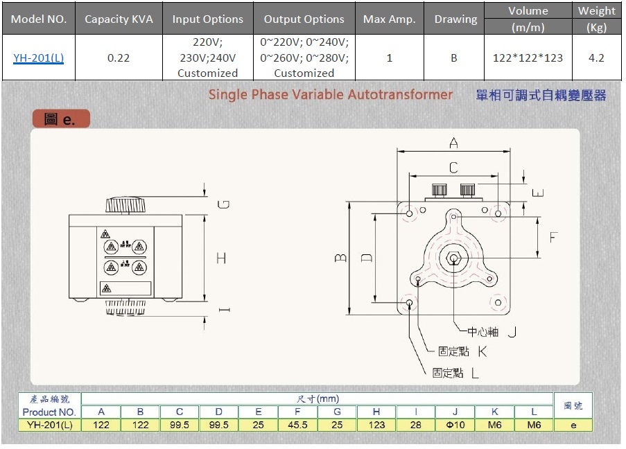 Variable Voltage Transformer (Variac Slidac) Single Phase 220/240V input, Max 0.22 KVA, Max 2 A, Customize Available YH-201(L)