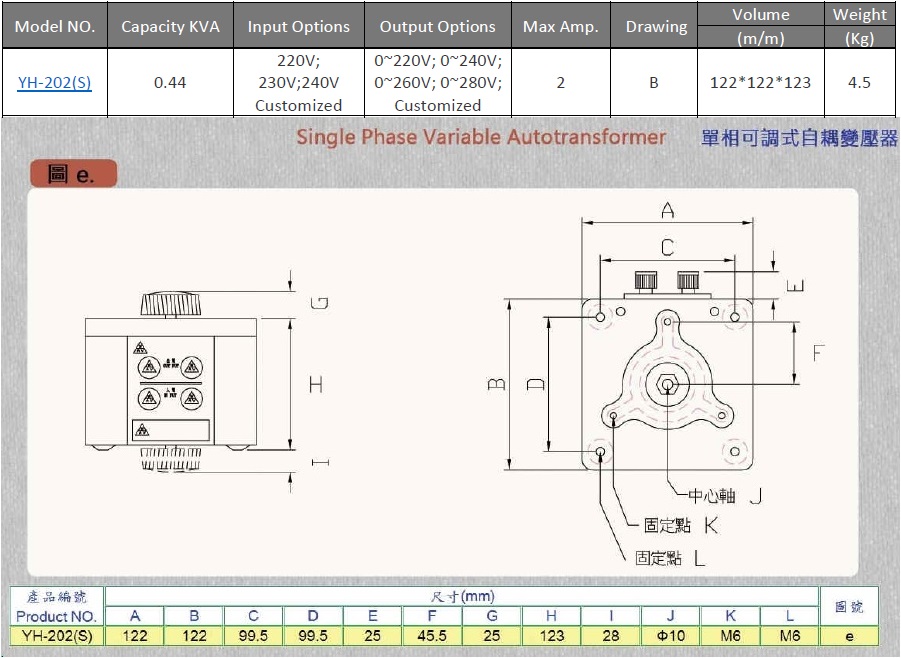 Variable Voltage Transformer (Variac Slidac) Single Phase 220/240V input, Output 0~220V Max 0.44 KVA, Max 2 A, Customize Available YH-202(S)