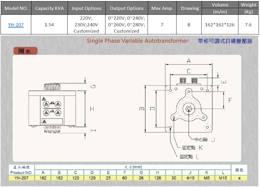 Variable Voltage Transformer (Variac Slidac) Single Phase 220/240V input, Max 1.54 KVA, Max 7 A, Customize Available YH-207